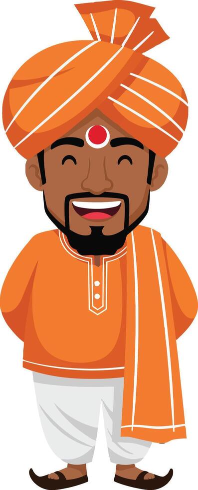 Cheerful man in traditional Indian attire with orange turban and white dhoti, smiling joyfully in a flat illustration vector