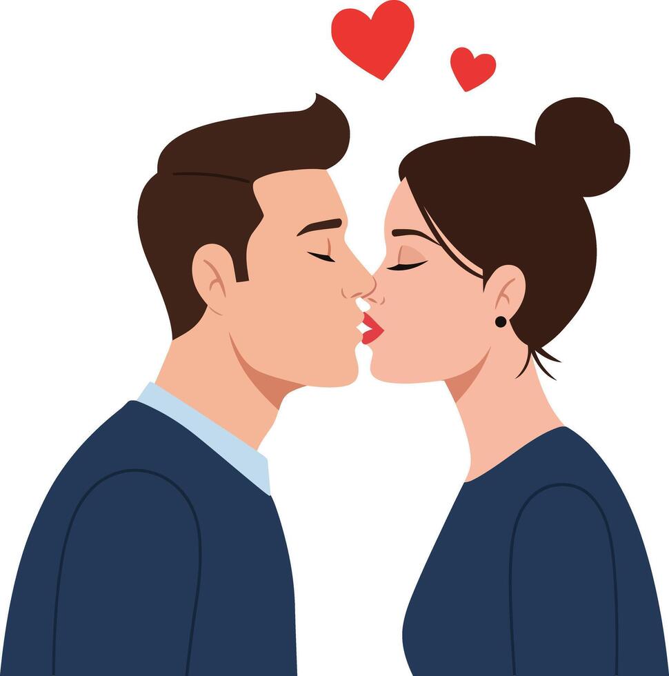 Young couple sharing a romantic kiss with hearts above them in a flat, minimal design illustration vector