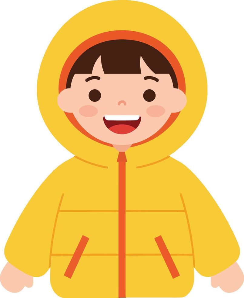 Cheerful child wearing a bright yellow puffer jacket in a minimal flat design art style, radiating happiness and warmth in a playful setting. vector
