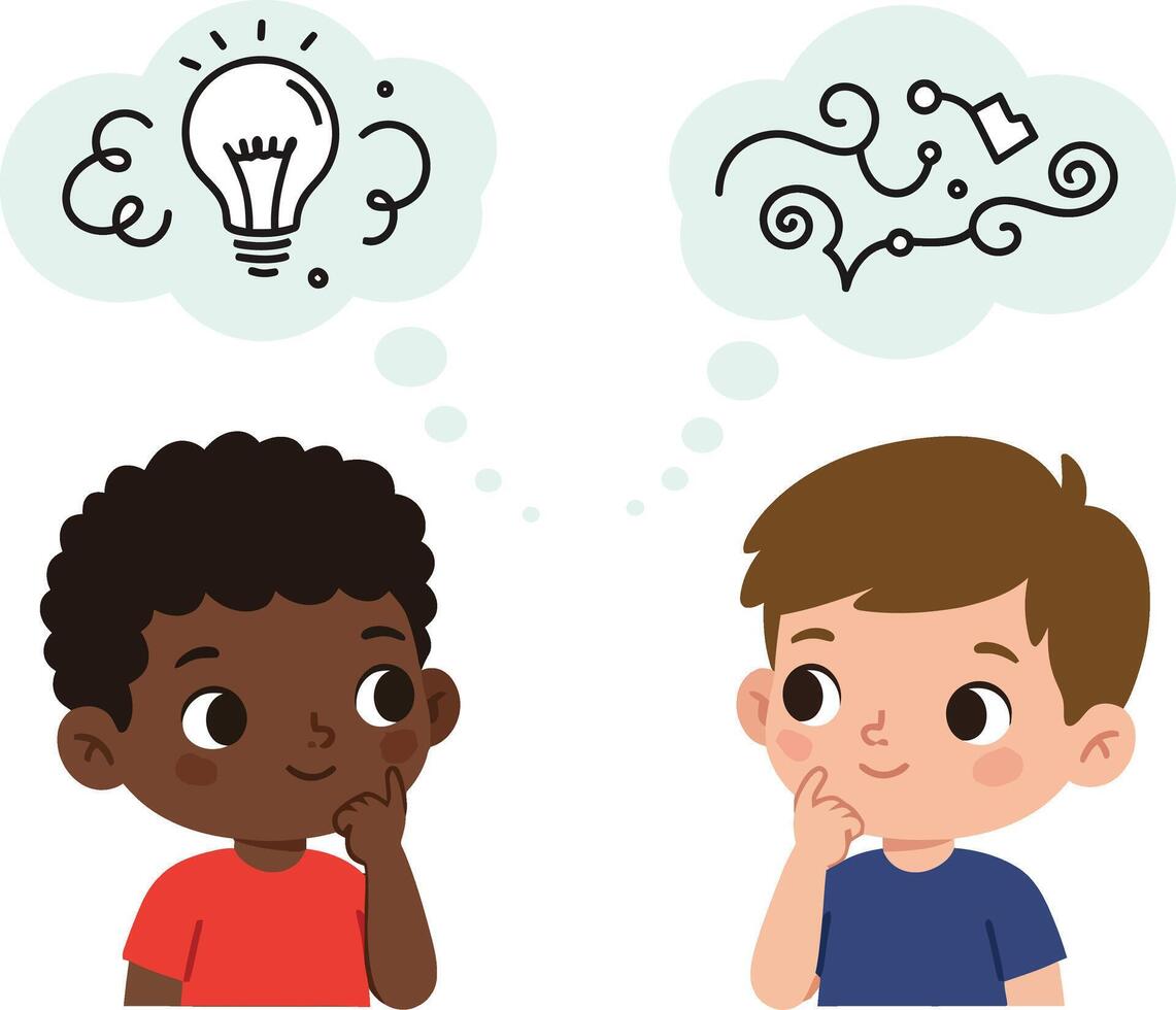 Two curious boys with thoughtful expressions sharing creative ideas in a flat and colorful illustration, showcasing imagination and collaboration in a playful setting vector
