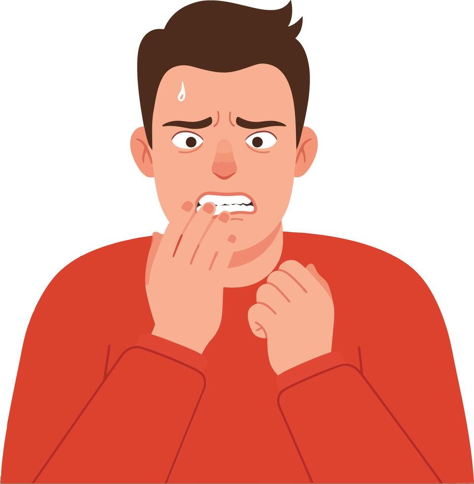 A worried young man with a concerned expression, wearing a red sweater, showcasing anxiety in a flat design illustration vector