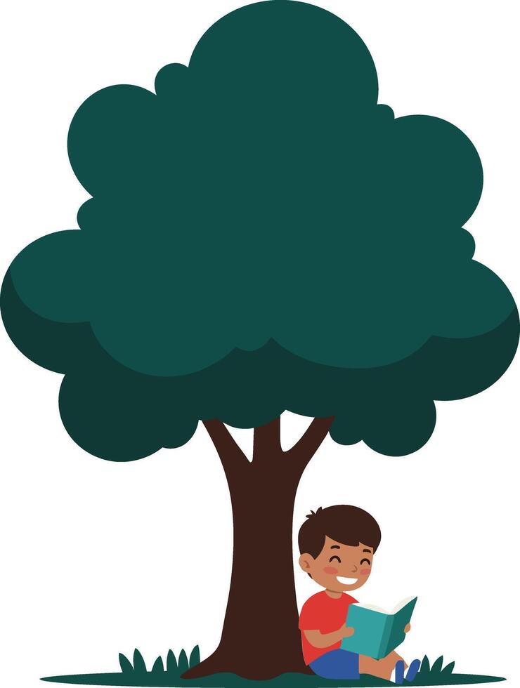 A joyful boy reading a book under a large green tree in a flat illustration showcasing innocence and tranquility in natures embrace art vector