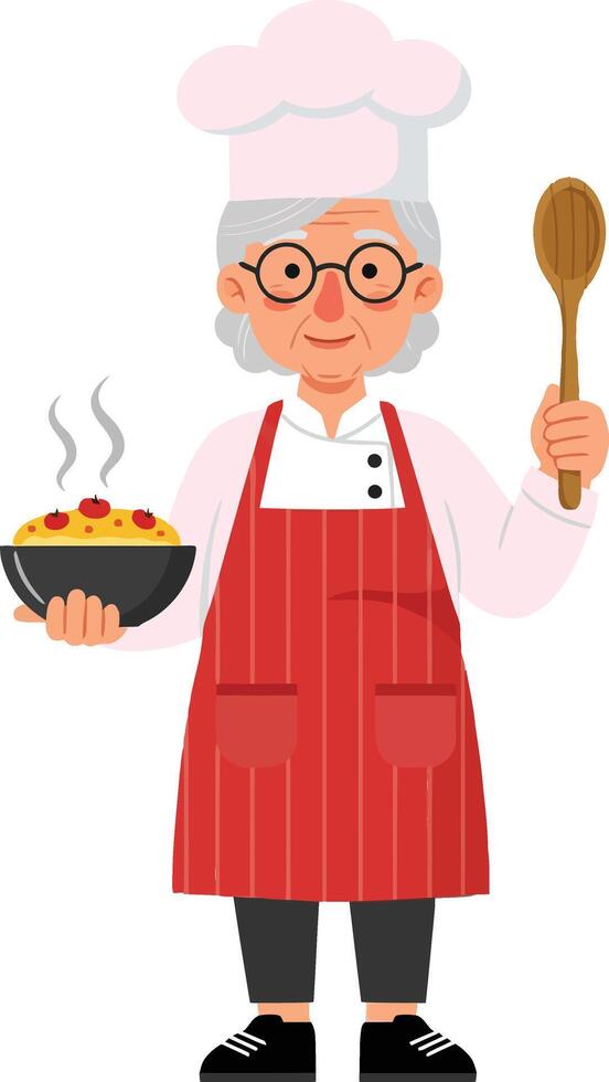 A cheerful elderly woman chef holding a bowl of pasta and a wooden spoon in a minimal flat design illustration vector