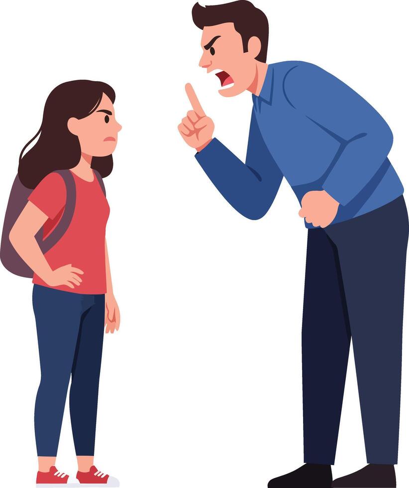 A stern man scolding a young girl in a flat, minimal style illustration depicting a serious interaction between an adult and a child vector
