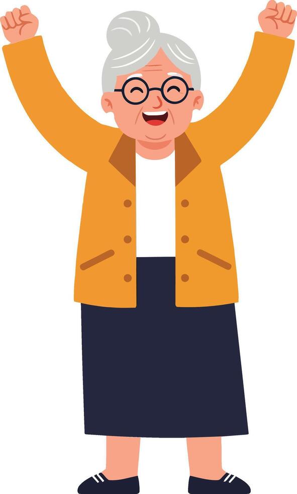 Happy elderly woman celebrating joyfully with raised arms, wearing glasses and a yellow coat in a cheerful flat illustration vector