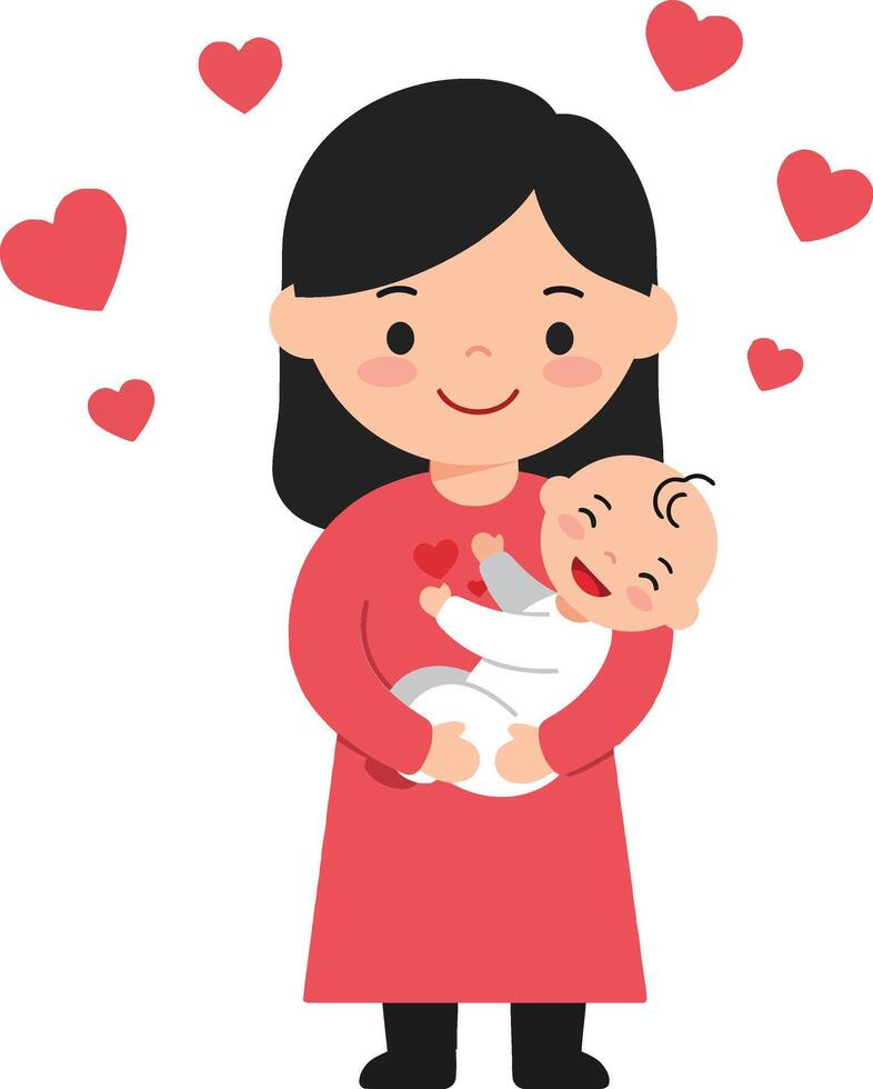 A smiling woman in a red dress lovingly cradles a baby surrounded by hearts in a cheerful flat illustration vector