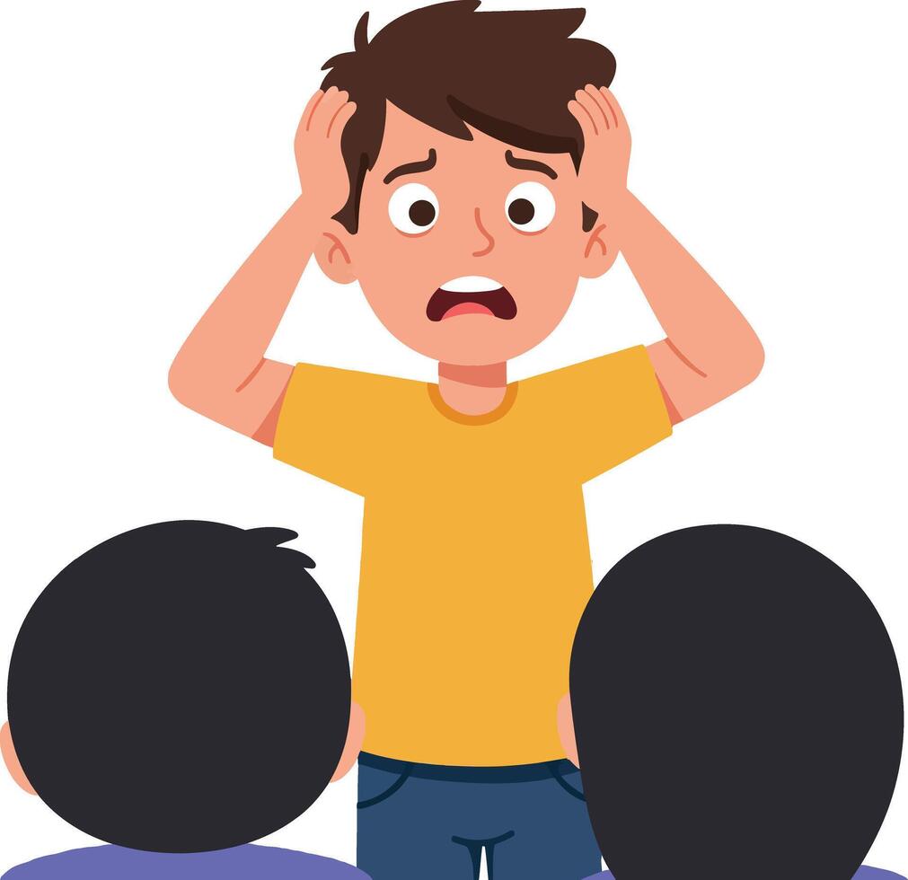 A young boy in a yellow shirt displaying anxiety while holding his head surrounded by two friends in a flat illustration vector