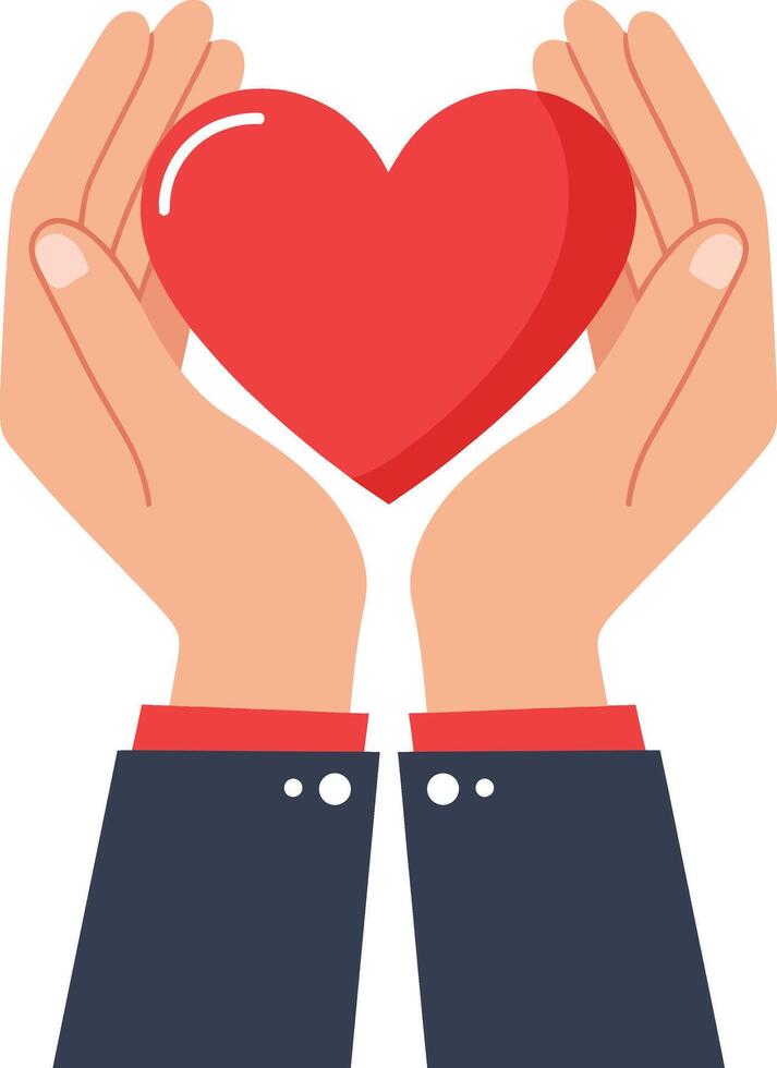 Hands holding a red heart symbol in a flat design style representing love and care in art vector