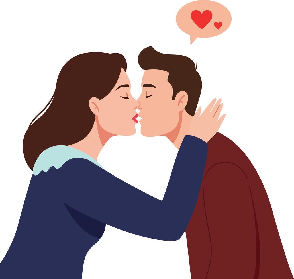 Couple sharing a romantic kiss in a minimal style with heart symbols, showcasing love and affection in a vibrant illustration vector