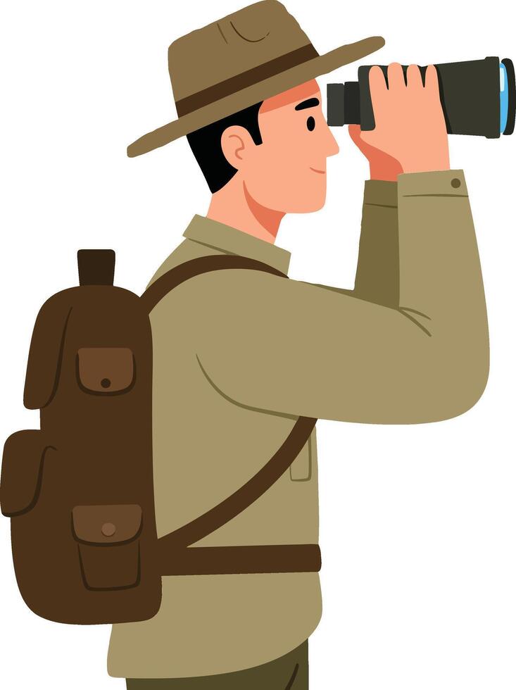 Adventurous man in a brown hat and backpack observing nature with binoculars in a flat illustration style showcasing exploration and curiosity in the outdoors art vector