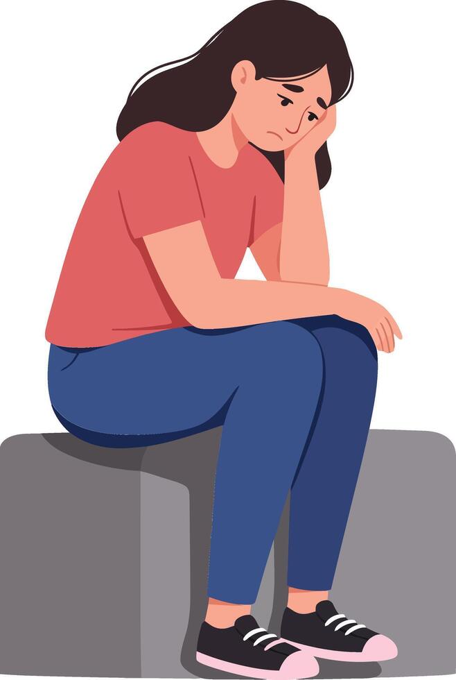 A young woman sitting on a block with a thoughtful expression in a flat design illustration conveying introspection and reflection in a minimalistic style vector