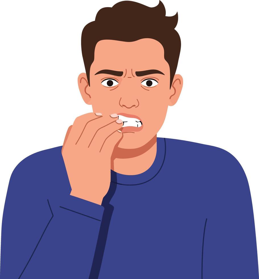Young man in a blue sweater looking concerned while holding his mouth, flat illustration depicting a moment of discomfort vector