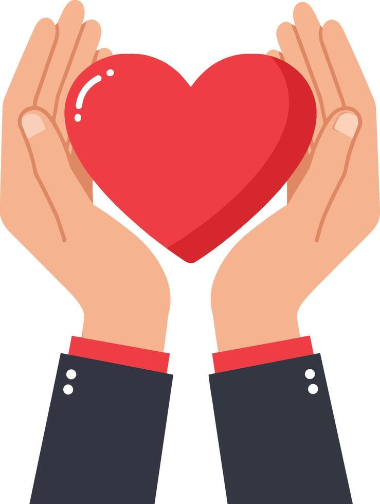 Hands holding a vibrant red heart symbol in a flat design style, conveying love and care in art vector