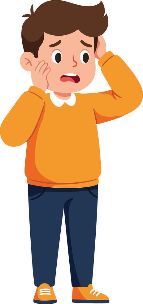 Concerned young boy in an orange sweater looking worried with hands on his head in a flat illustration vector
