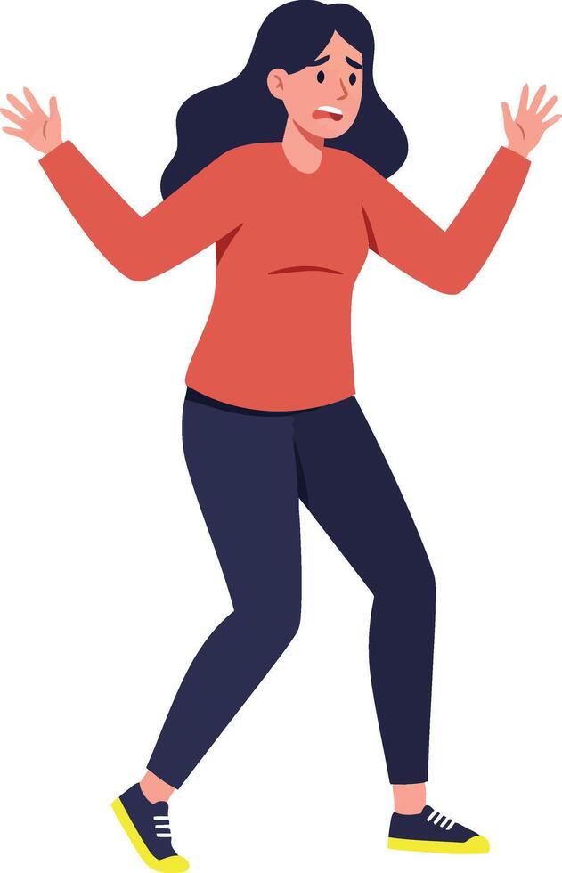 Young woman joyfully dancing in a vibrant red sweater and black pants, showcasing a flat, playful design in art vector