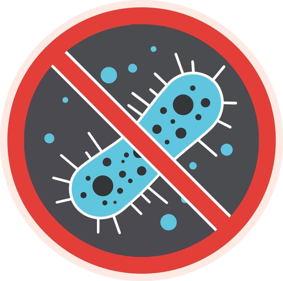Microbial illustration featuring blue bacteria inside a red prohibition circle designed in a flat style, emphasizing cleanliness and hygiene in art vector