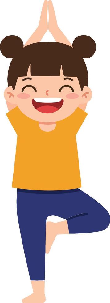A cheerful girl practicing yoga in a playful pose wearing a bright yellow shirt and blue pants in a flat illustration vector