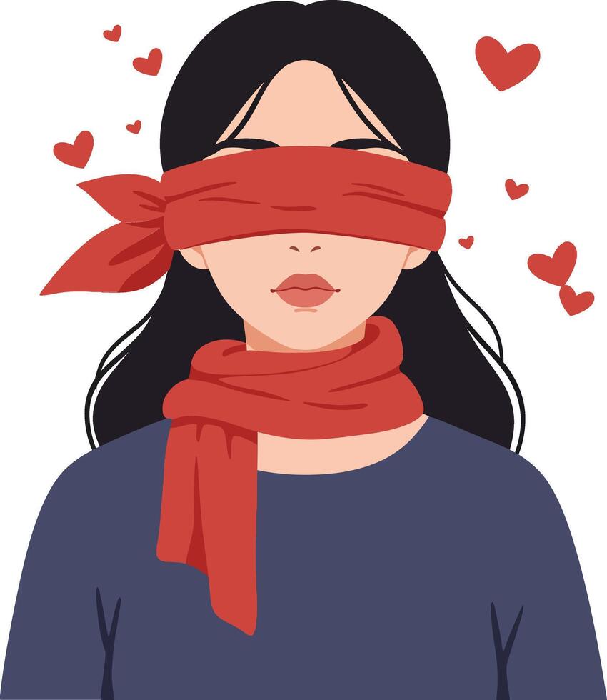 A woman with a red scarf blindfolded, surrounded by floating hearts in a minimal and colorful design style, illustration vector