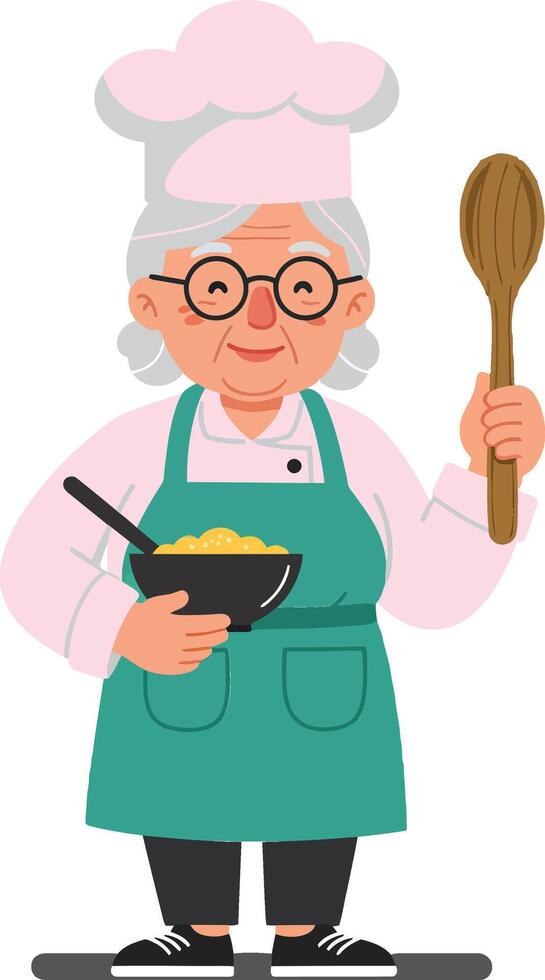 Cheerful elderly woman chef in a green apron holding a bowl of pasta and wooden spoon in flat art vector