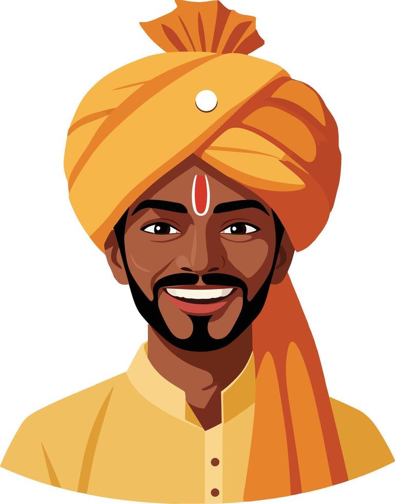 Smiling man in traditional Indian attire wearing a vibrant orange turban and kurta, showcasing flat design elements in colorful art vector