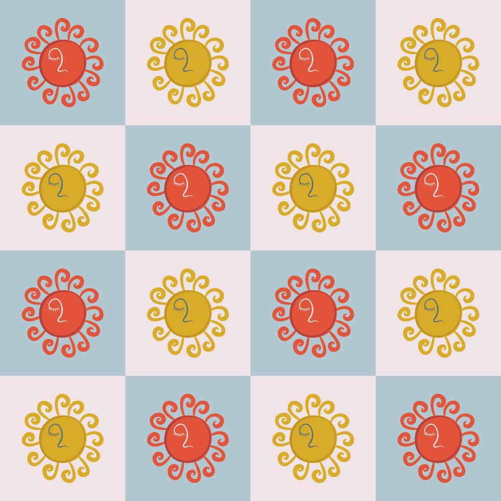 Sun seamless pattern. Happy Easter print. Boho style background with mystical Sun on checkered backdrop. Hand drawn flat design illustration. vector