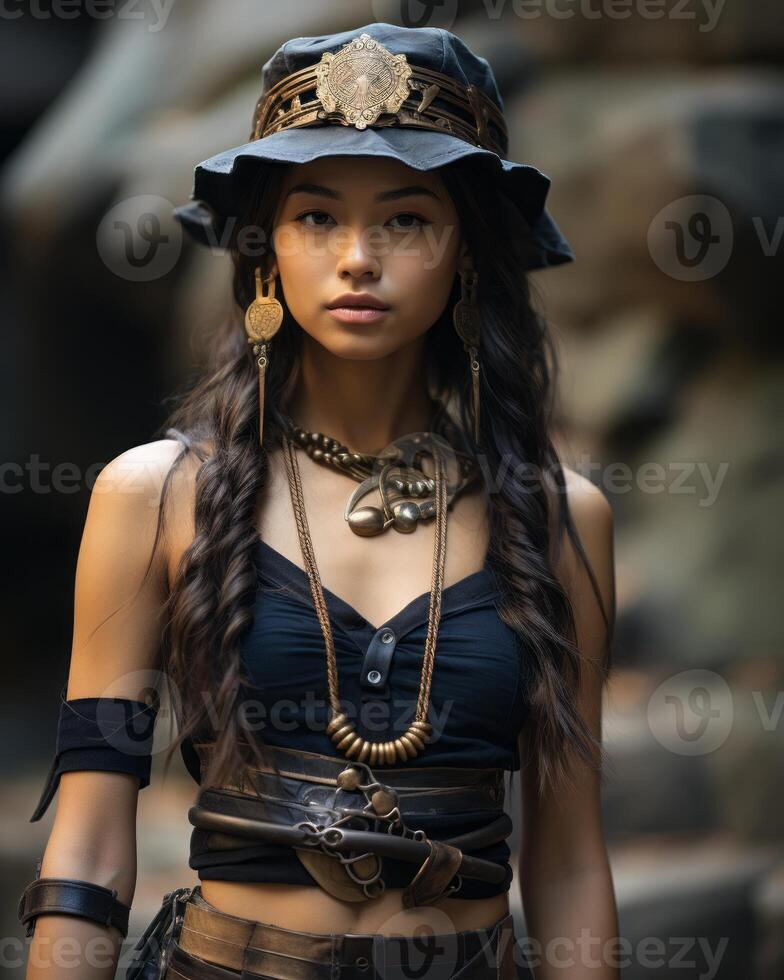 a beautiful young woman wearing a hat and jewelry generative ai photo