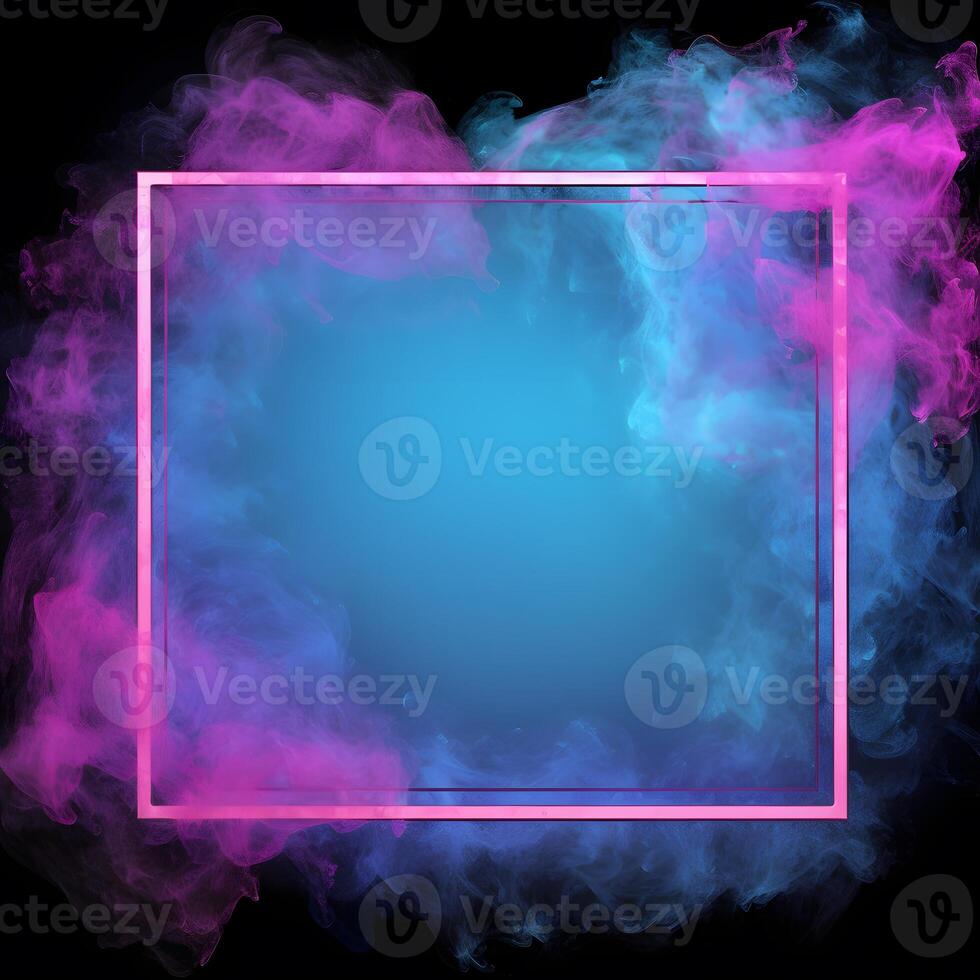 blue and pink smoke with a square frame on a black background. Generative AI photo