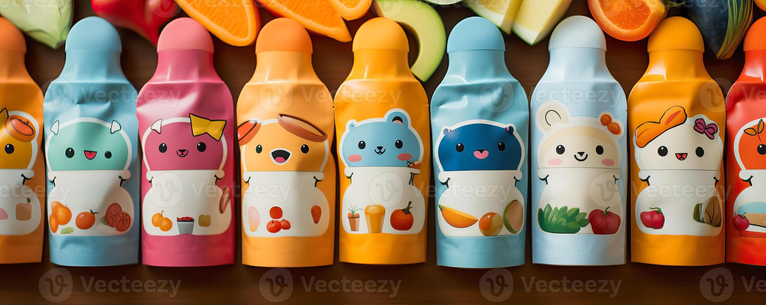A close-up shot of a variety of creatively designed baby food pouches showcasing colorful labels and playful illustrations photo