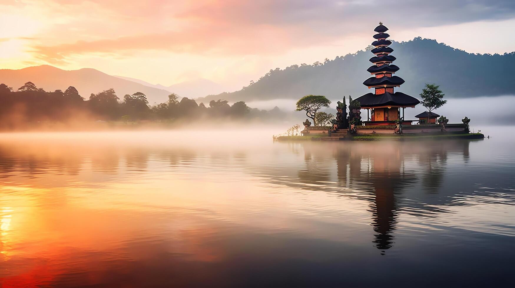 Ancient pura ulun danu bratan, besakih or famous hindu temple and tourist in bali island at sunrise concept by AI Generated photo