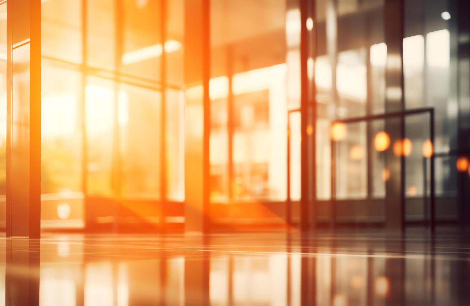 Modern office walls of business building with sunlight reflection on window glass, AI Generated photo