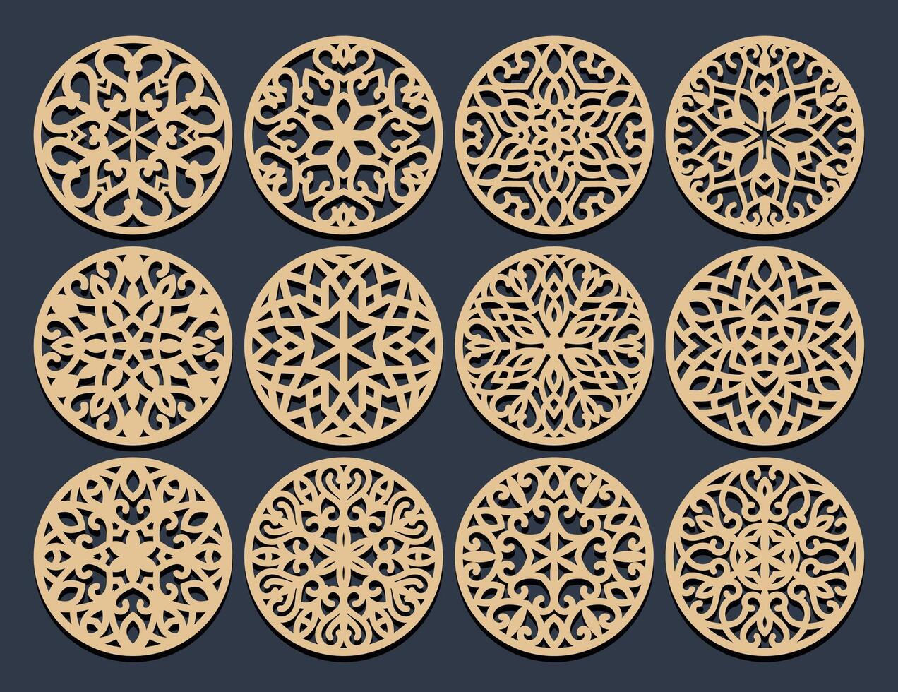 Lotus Mandala Template Set for Cutting and Printing. Oriental silhouette ornament. coaster design vector