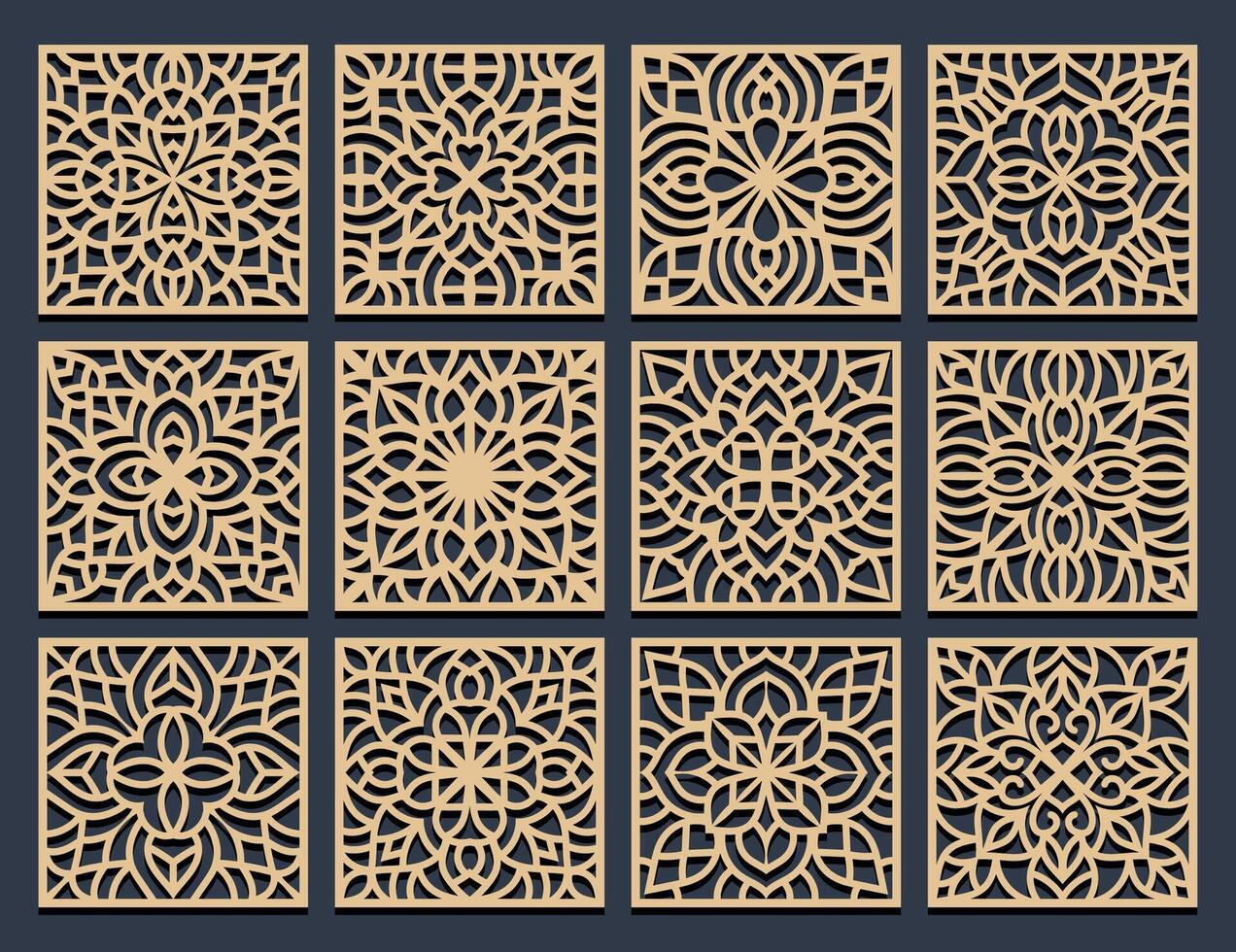 Lotus Mandala Template Set for Cutting and Printing. Oriental silhouette ornament. coaster design vector