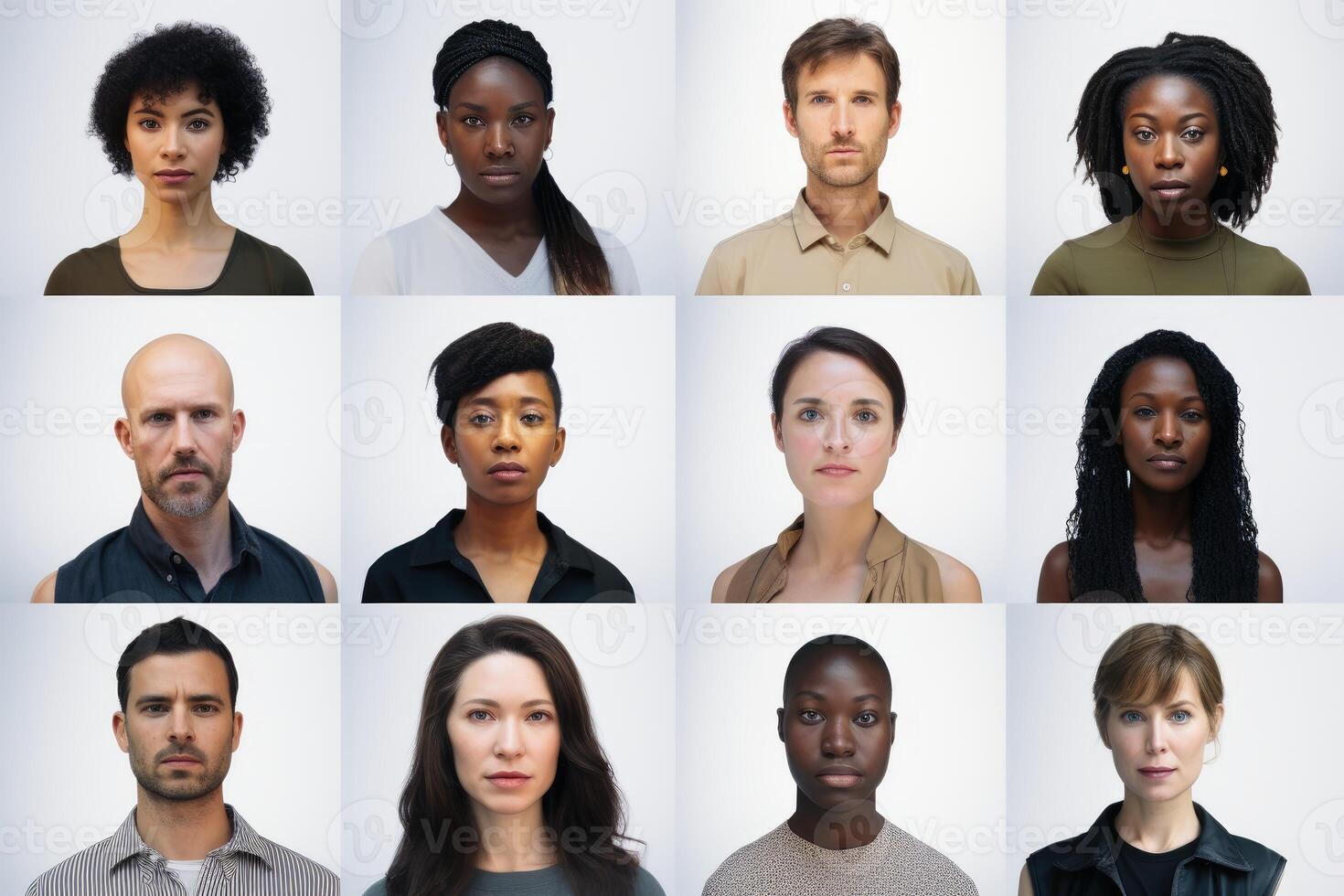 A collage of portraits of ethnically different people.AI generative photo