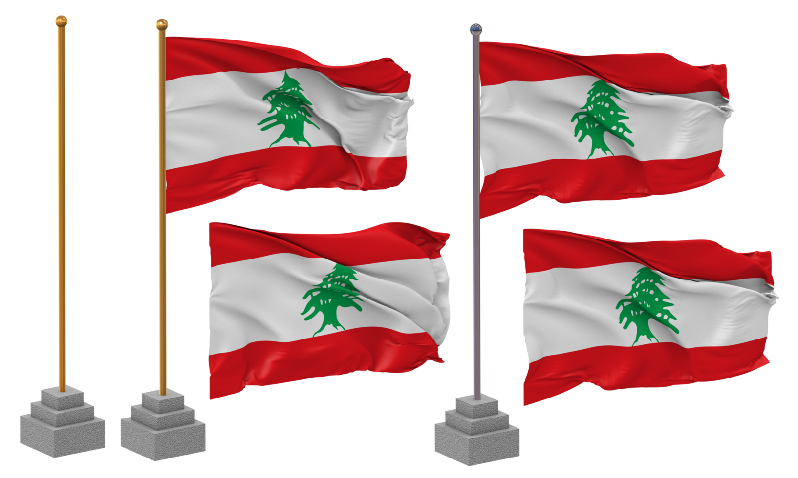 Lebanon Flag Waving Different Style With Stand Pole Isolated, 3D Rendering png