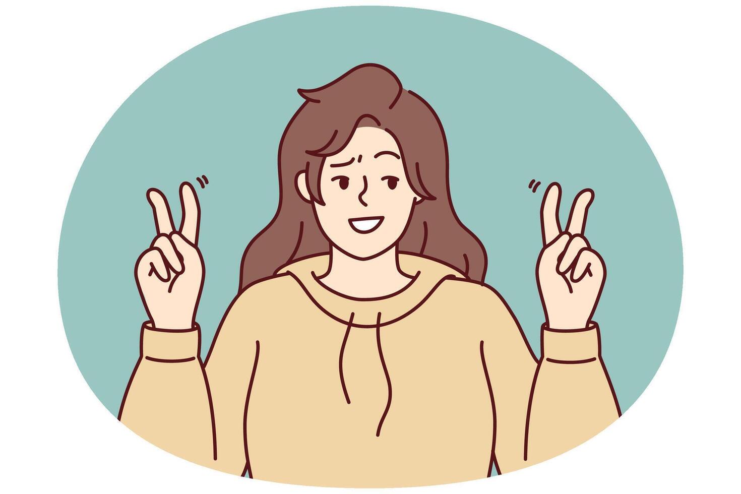 Optimistic woman raises hands in quotation marks when voicing sarcasm in conversation. Vector image