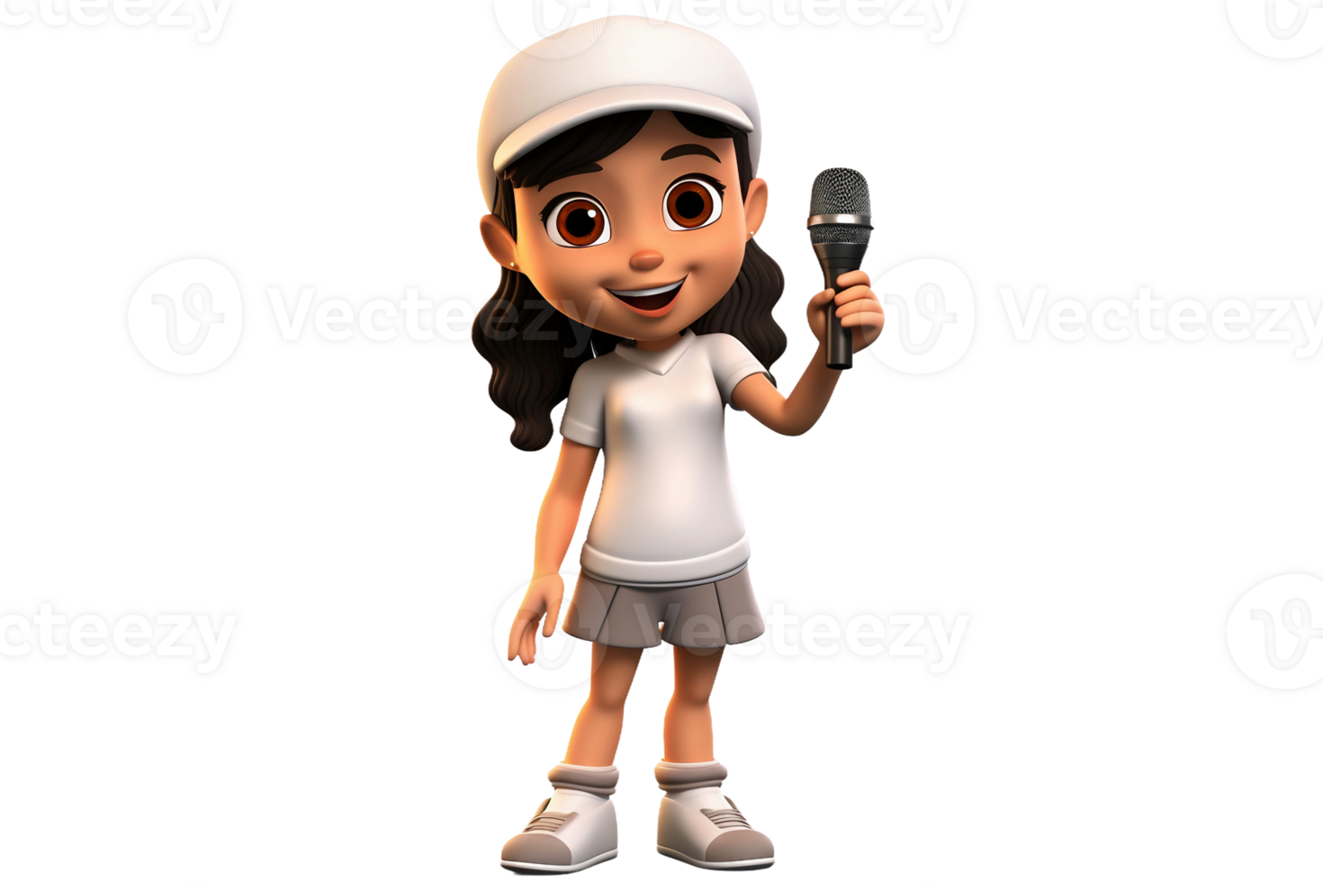 3D Cartoon Character Female with Microphone on Transparent Background. png
