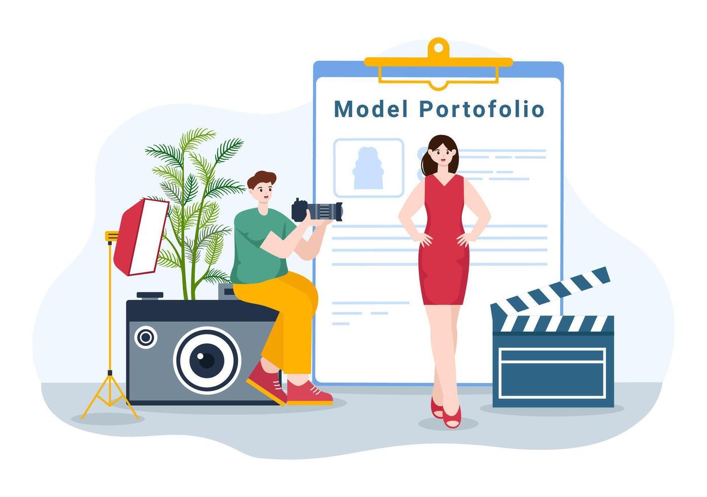 Model Portfolio Vector Illustration with Modeling Agency Manager and Photographer take Photos of Model in Platform Flat Cartoon Background Design