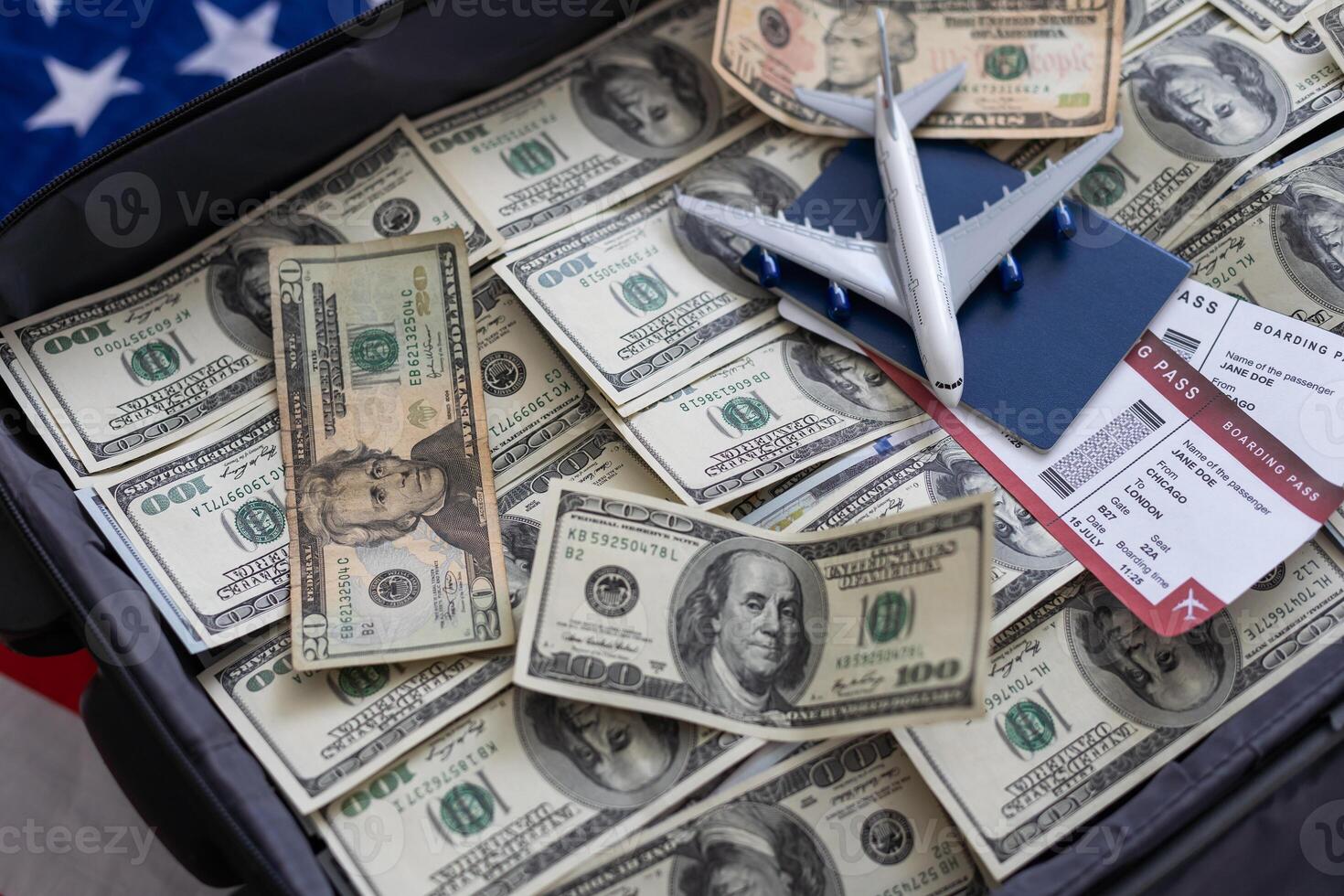 Open suitcase with one million dollars bills stacks photo