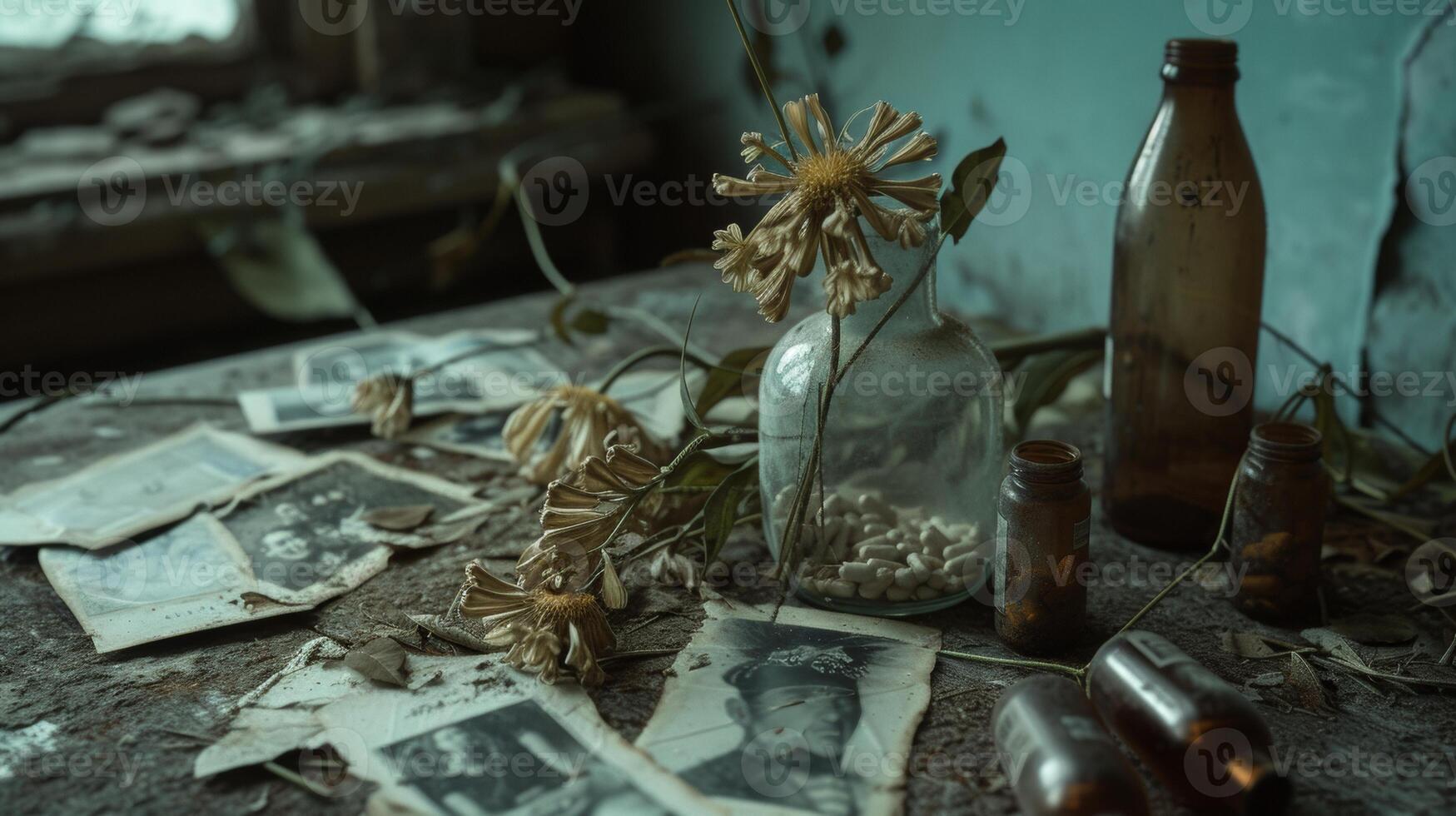 AI generated forgotten memories with flower in a vase and fade photo on table