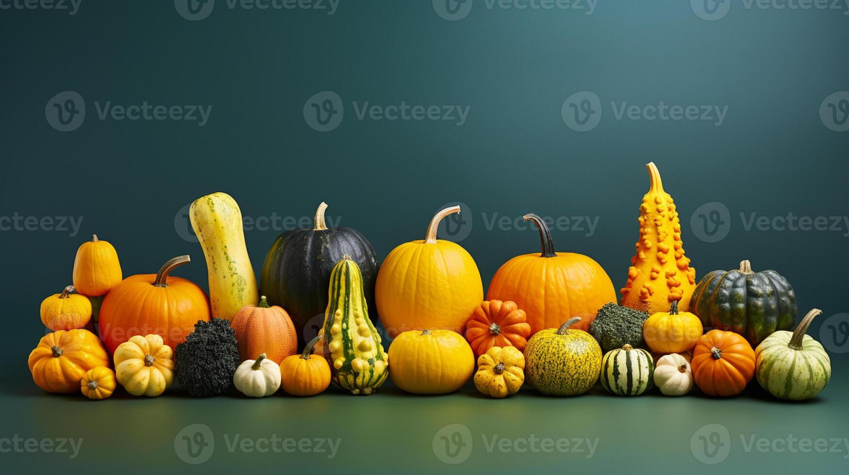 AI Generated Autumn harvest, colorful pumpkins, still life colorful poster design background 3D Illustration photo