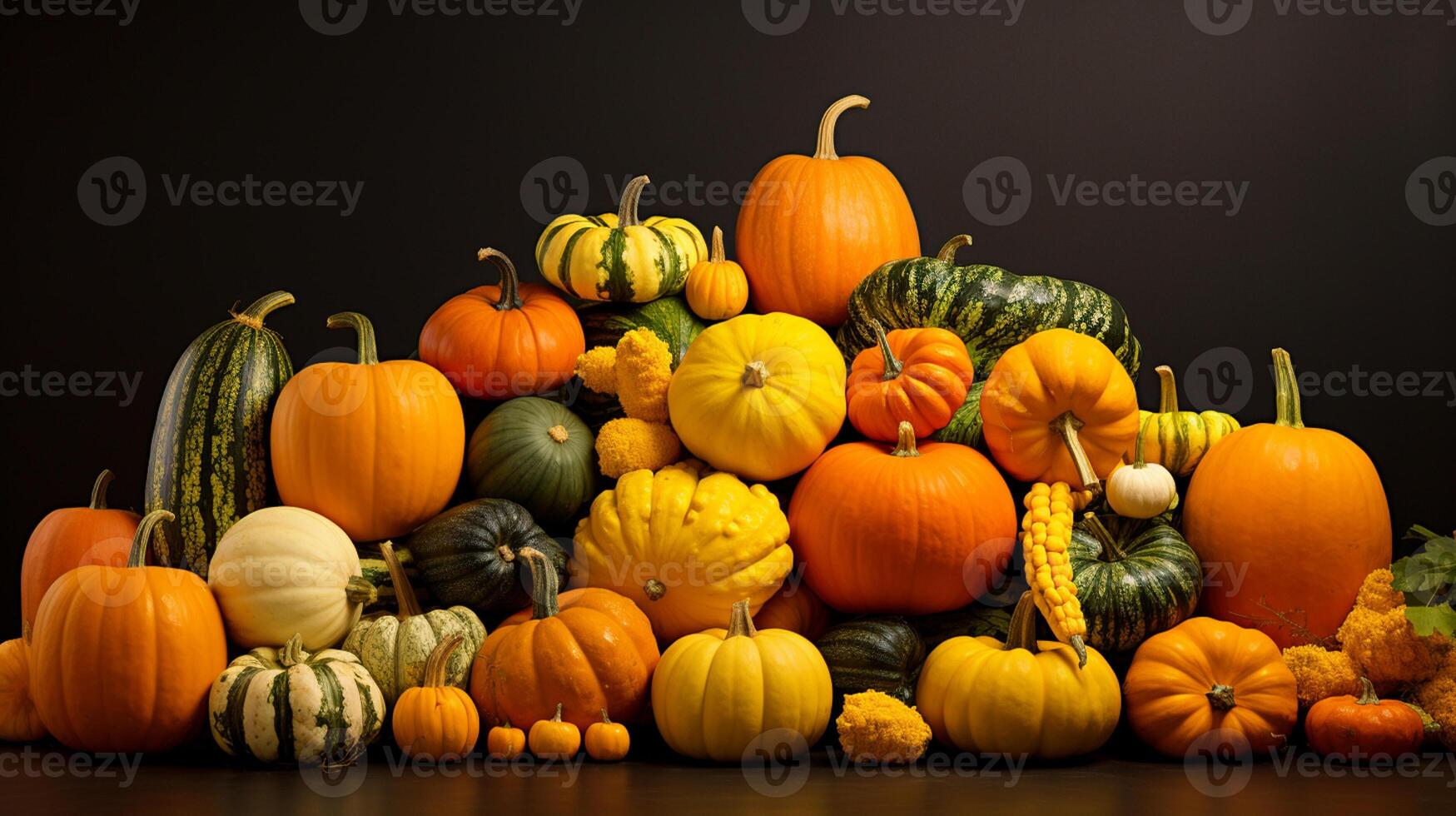 AI Generated Autumn harvest, colorful pumpkins, still life colorful poster design background 3D Illustration photo