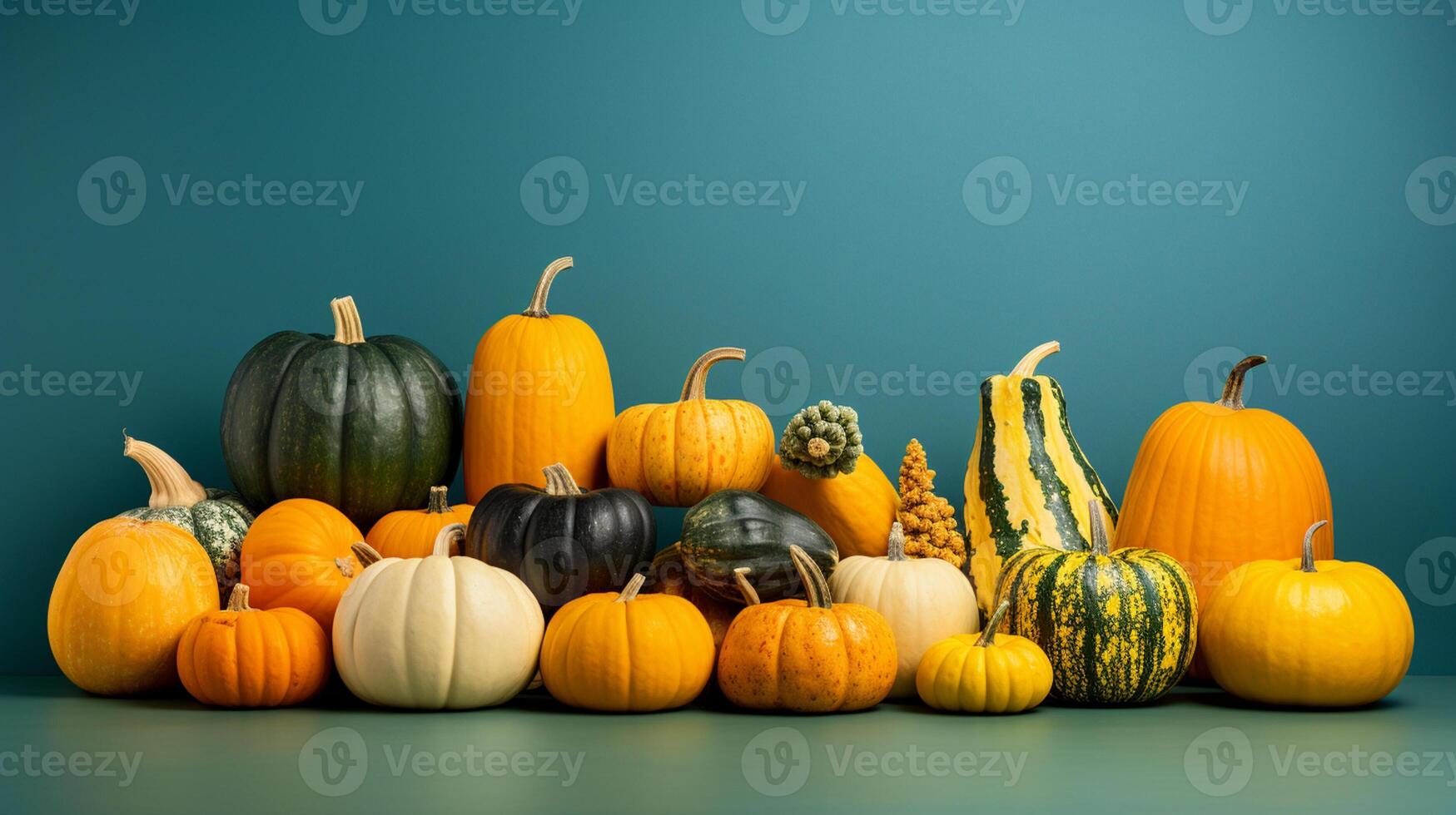 AI Generated Autumn harvest, colorful pumpkins, still life colorful poster design background 3D Illustration photo