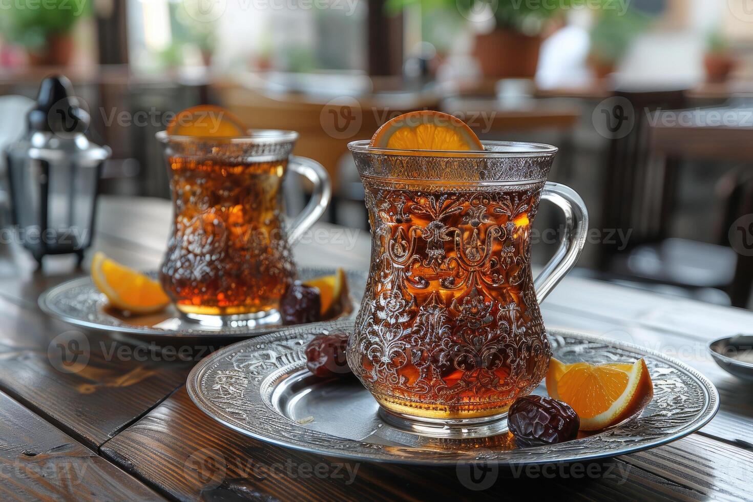 a cup tea and dates on plate for ramadan iftar style professional advertising food photography photo