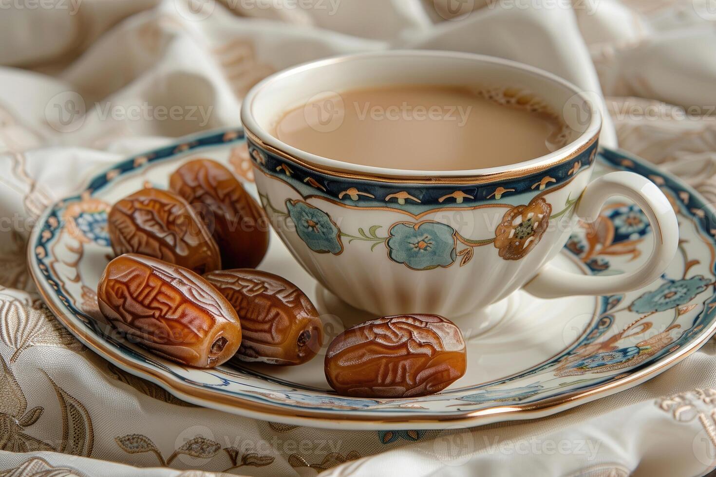 a cup tea and dates on plate for ramadan iftar style professional advertising food photography photo