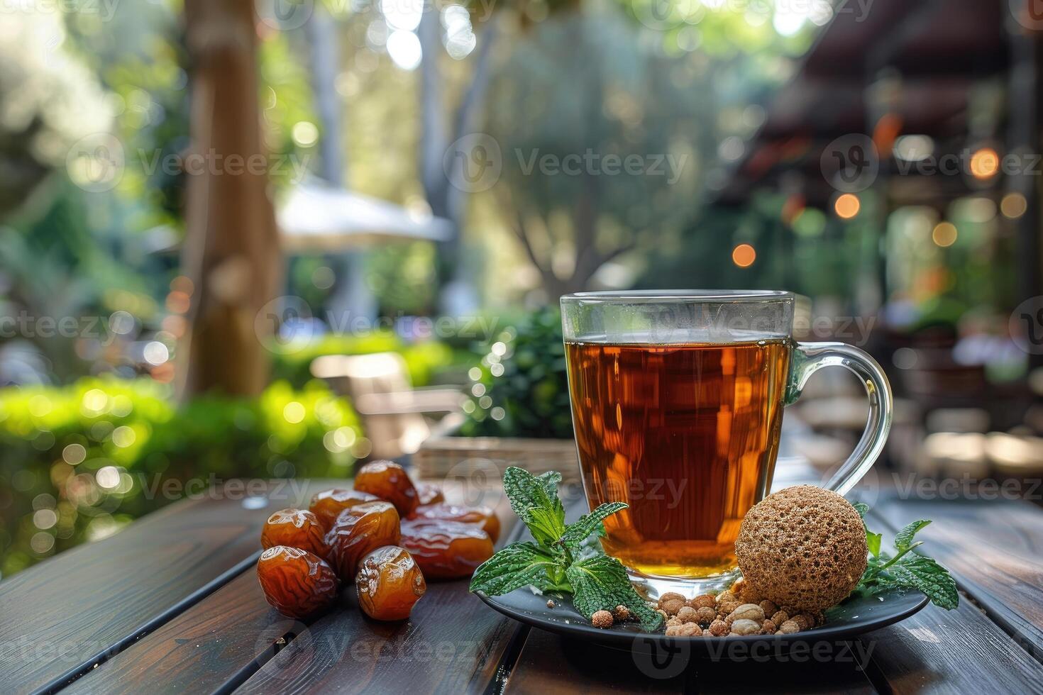 a cup tea and dates on plate for ramadan iftar style professional advertising food photography photo