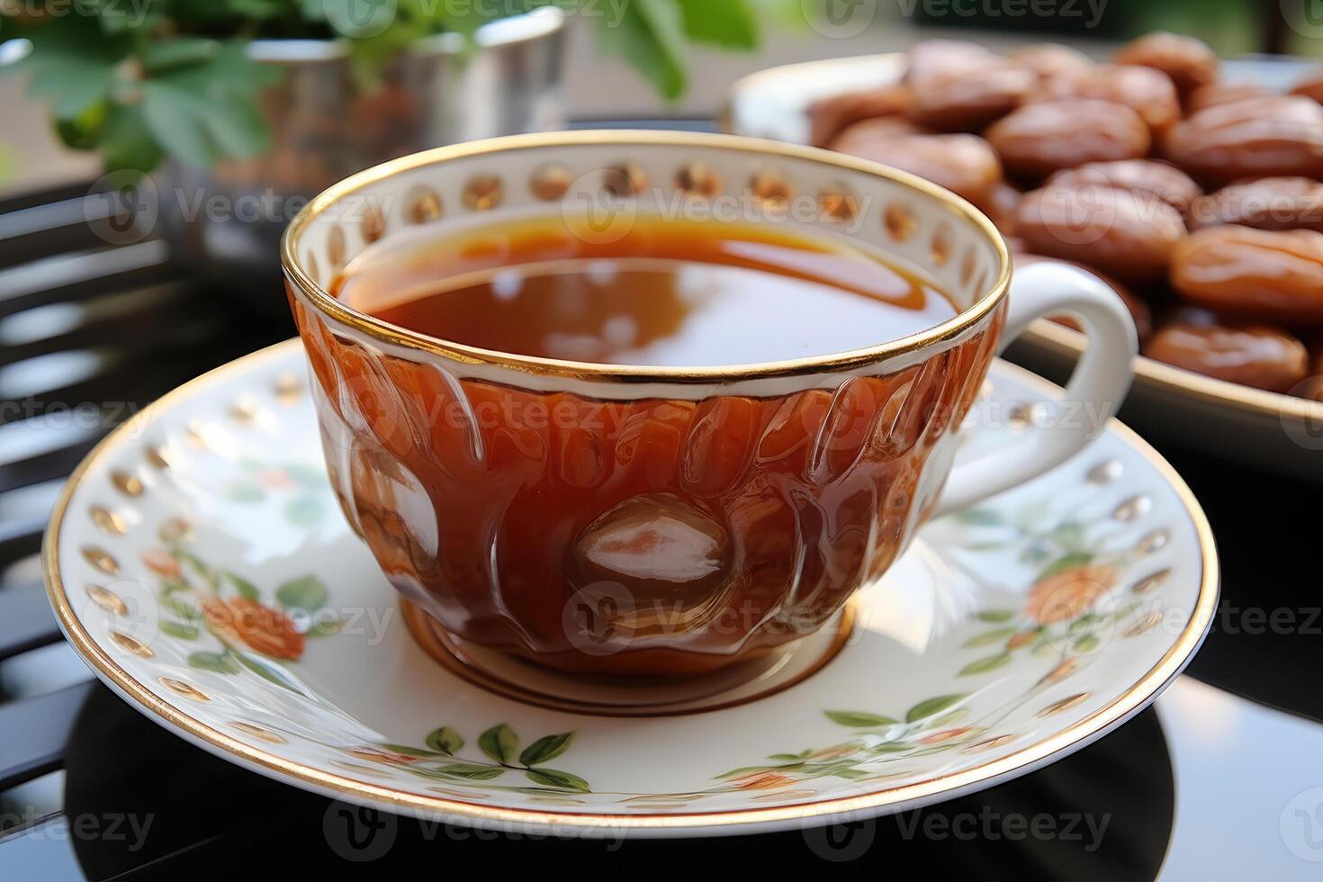 a cup tea and dates on plate for ramadan iftar style professional advertising food photography photo