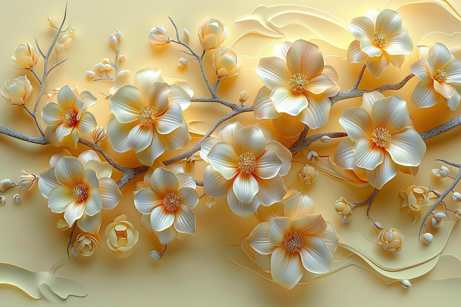 3D branches of golden arabesque-style flowers on a gold background. photo