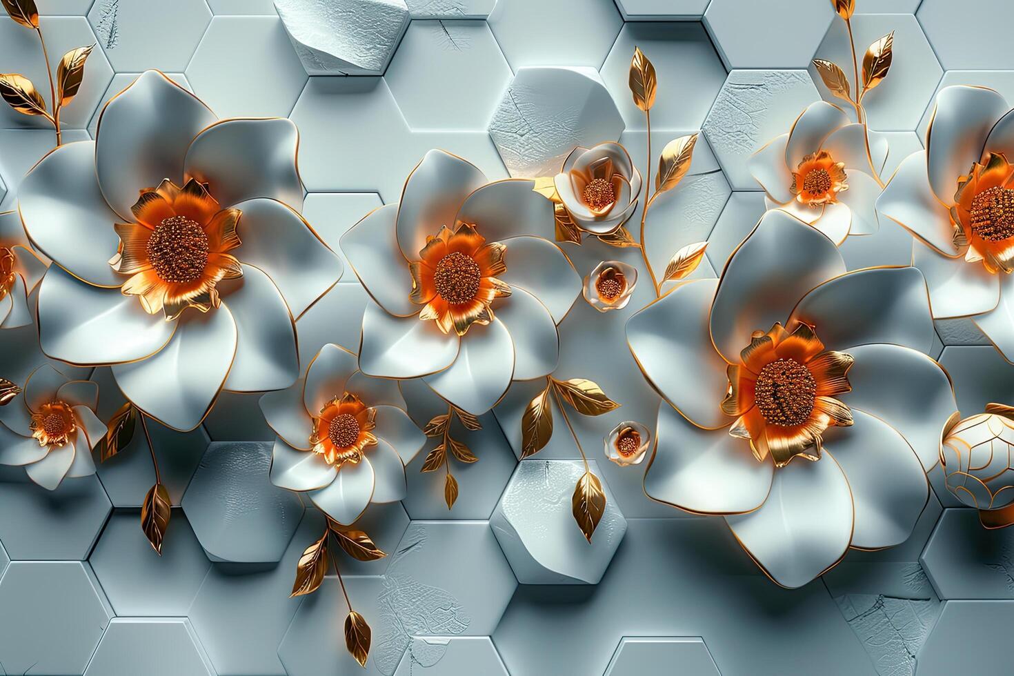 White hexagons with a style reminiscent of beautiful convex modules with gold and silver petals. three-dimensional drawing. superior photos for the web and print