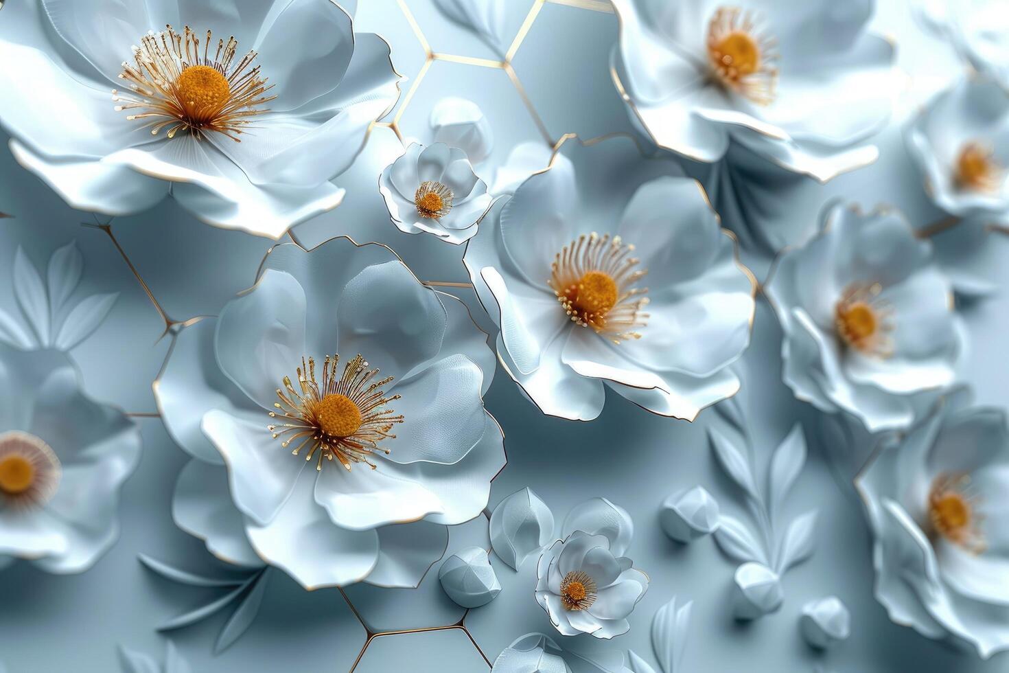 White hexagons with a style reminiscent of beautiful convex modules with gold and silver petals. three-dimensional drawing. superior photos for the web and print