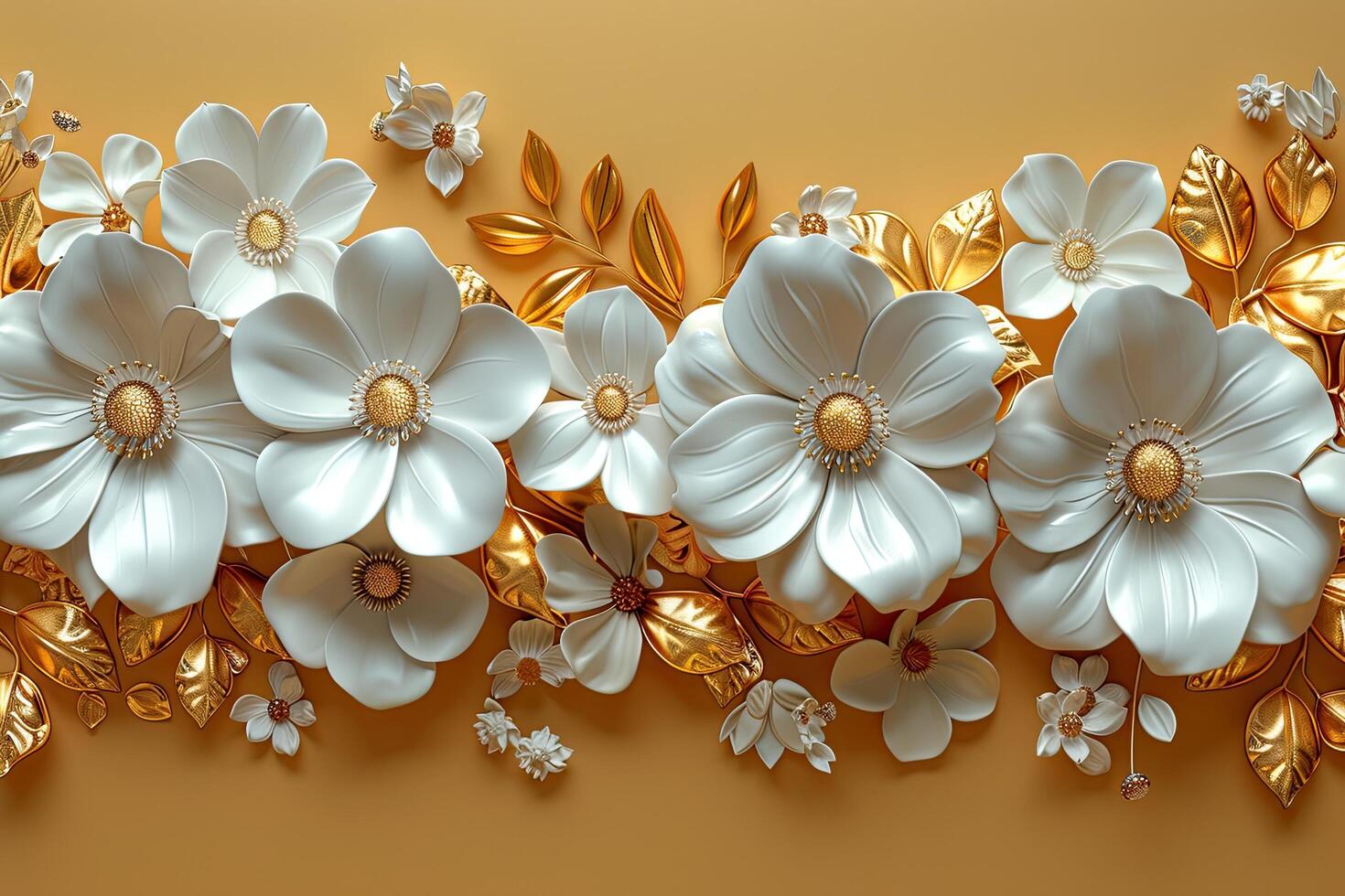 3d golden floral seamless border tile with white geometric flowers Beautiful luxury horizontal background photo